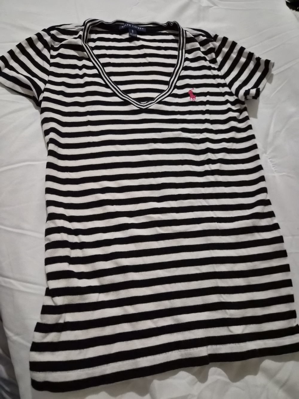 Ralph Lauren Black & White Striped V-Neck Tee with Pink Pony